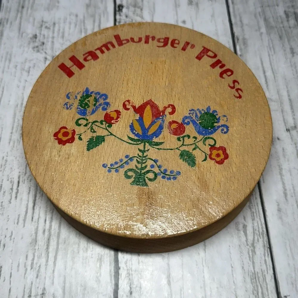 Vintage Wooden Hamburger Press Floral 5 3/4